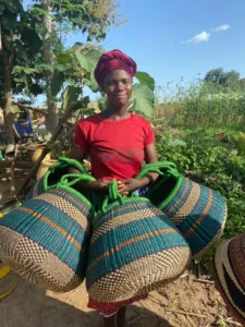 A woman with her bolga baskets